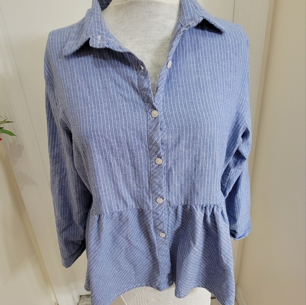 Love Notes Collared Stripes Button Down Peplum To… - image 5